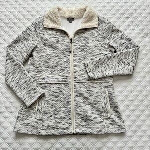 T by Talbots Fleece-Trim Quilted Jacquard Jacket Gray Ivory Size SP